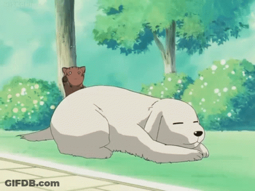 A Cartoon Drawing Of A Dog Laying Down With A Cat On Its Back GIF