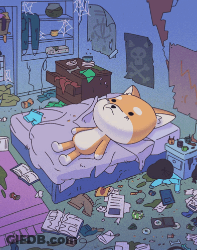 A Cartoon Drawing Of A Dog Laying On A Messy Bed GIF