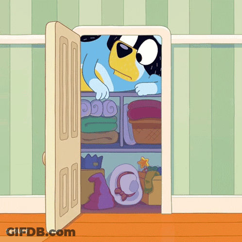 A Cartoon Drawing Of A Dog Looking Into A Closet With The Word Seduff On The Bottom GIF