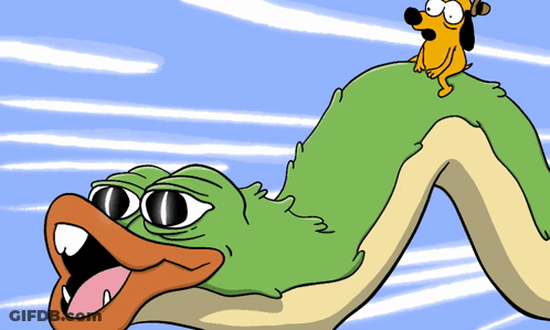 A Cartoon Drawing Of A Dog Sitting On Top Of A Green Snake GIF