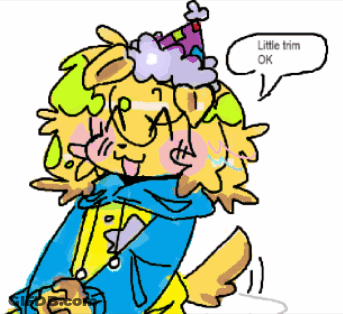 A Cartoon Drawing Of A Dog Wearing A Party Hat And Saying " Little Trim Ok " GIF