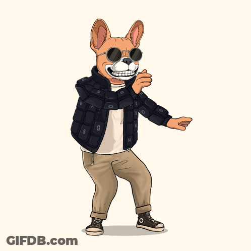 A Cartoon Drawing Of A Dog Wearing Sunglasses And A Jacket With The Letters Z G And B On It GIF