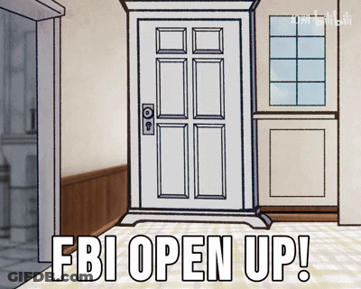 A Cartoon Drawing Of A Door With The Words Fbi Open Up Below It GIF