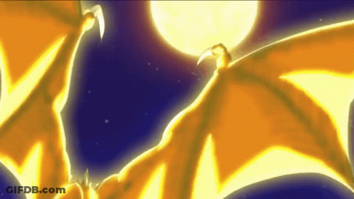 A Cartoon Drawing Of A Dragon 'S Wings With The Moon In The Background GIF