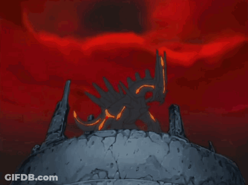 A Cartoon Drawing Of A Dragon Standing On A Rock With A Red Background GIF