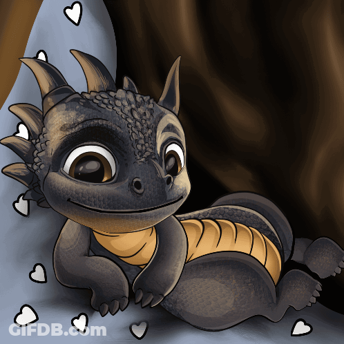 A Cartoon Drawing Of A Dragon With Hearts Surrounding It GIF