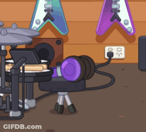 A Cartoon Drawing Of A Drum Set And Headphones With Guitars Hanging On The Wall GIF