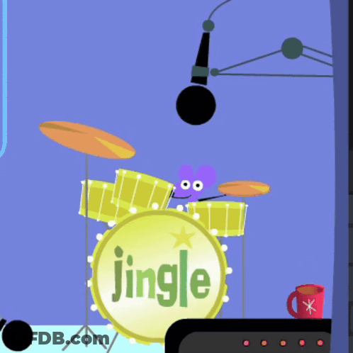 A Cartoon Drawing Of A Drum Set With The Word Jingle On It GIF