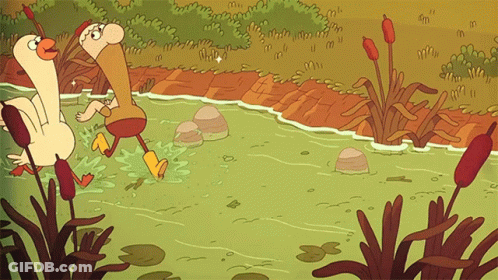 A Cartoon Drawing Of A Duck And A Man Running In A River GIF