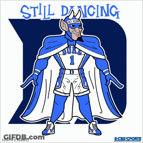 A Cartoon Drawing Of A Duke Basketball Player With The Words Still Dancing Behind Him GIF