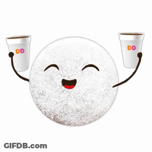 A Cartoon Drawing Of A Dunkin Donut Holding Two Cups Of Coffee GIF