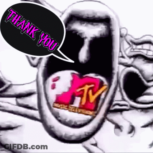 A Cartoon Drawing Of A Face With A Mtv Logo In Its Mouth . GIF