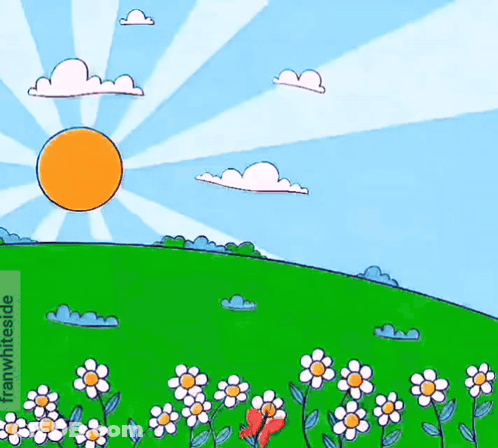 A Cartoon Drawing Of A Field Of Flowers With The Sun Shining GIF