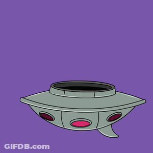 A Cartoon Drawing Of A Flying Saucer With A Blue Bird Hanging Over It GIF