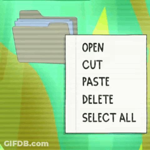 A Cartoon Drawing Of A Folder With The Words Open Cut Paste Delete And Select All On It GIF