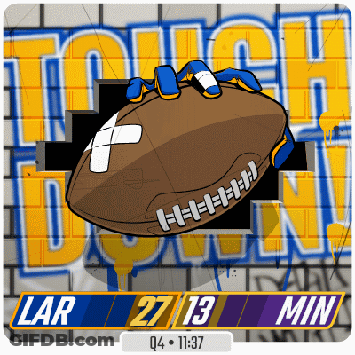 A Cartoon Drawing Of A Football With Lar 27 13 Min On The Bottom GIF