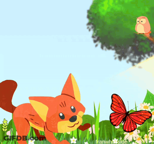 A Cartoon Drawing Of A Fox Looking At A Butterfly And An Owl Sitting On A Branch GIF