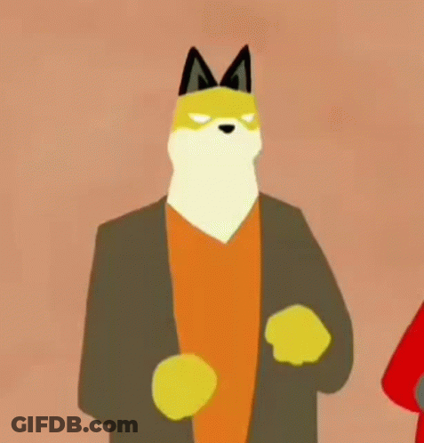 A Cartoon Drawing Of A Fox Wearing A Jacket And Orange Shirt GIF