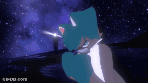 A Cartoon Drawing Of A Fox With Blue Hair And A Lighthouse In The Background GIF