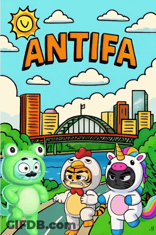 A Cartoon Drawing Of A Frog A Tiger And A Unicorn With The Word Antifa Above Them GIF