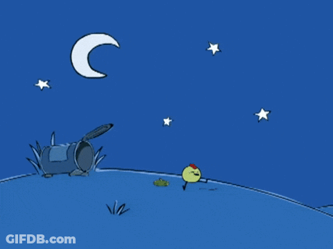 A Cartoon Drawing Of A Frog Looking At A Moon And Stars GIF
