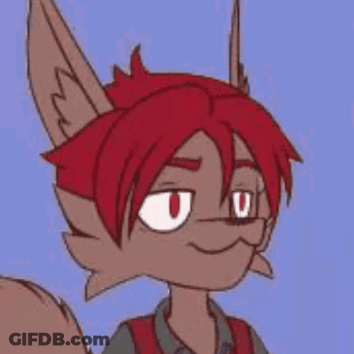 A Cartoon Drawing Of A Furry Character With Red Hair And A Blue Background . GIF