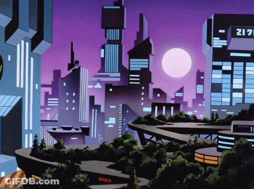A Cartoon Drawing Of A Futuristic City At Night With A Sign That Says " Exit " GIF