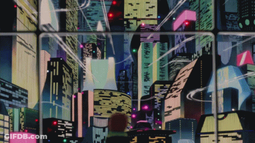 A Cartoon Drawing Of A Futuristic City With Chinese Writing GIF