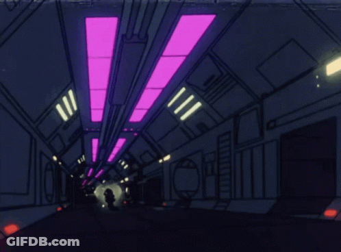 A Cartoon Drawing Of A Futuristic Tunnel With Purple Lights On The Ceiling GIF