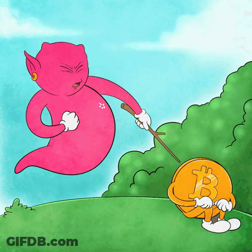 A Cartoon Drawing Of A Ghost Holding A Stick And A Coin With The Letter B On It GIF