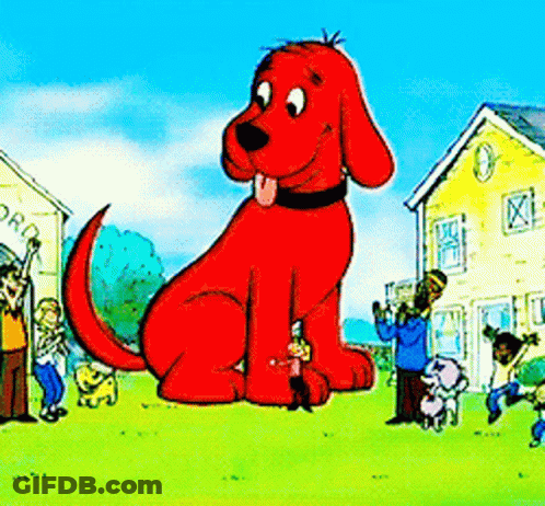 A Cartoon Drawing Of A Giant Red Dog Sitting In Front Of A Building That Says Ford GIF