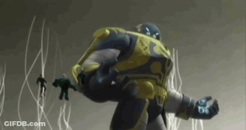 A Cartoon Drawing Of A Giant Robot With A Blue Light Coming Out Of His Hand GIF