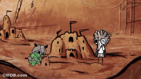 A Cartoon Drawing Of A Girl And A Boy Building A Sand Castle GIF