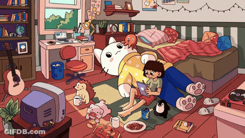A Cartoon Drawing Of A Girl And A Cat In A Messy Bedroom GIF