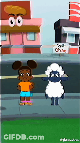 A Cartoon Drawing Of A Girl And A Sheep Standing Next To A Sign That Says " Post Office " GIF