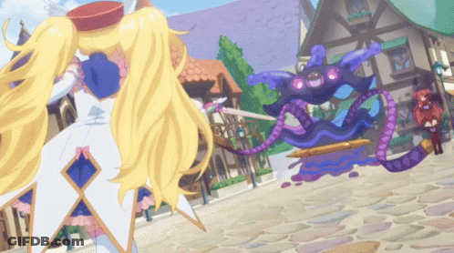 A Cartoon Drawing Of A Girl Fighting A Monster With A Sword GIF