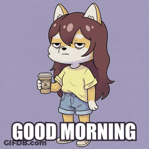 A Cartoon Drawing Of A Girl Holding A Cup Of Coffee And The Words Good Morning GIF