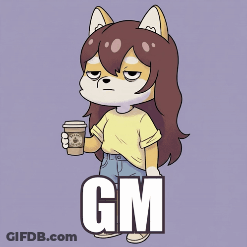 A Cartoon Drawing Of A Girl Holding A Cup Of Coffee With The Word Gm Above Her GIF