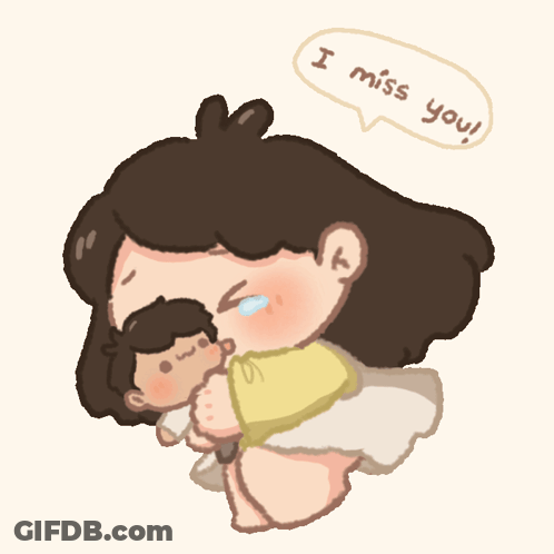 A Cartoon Drawing Of A Girl Holding A Doll And Saying I Miss You GIF
