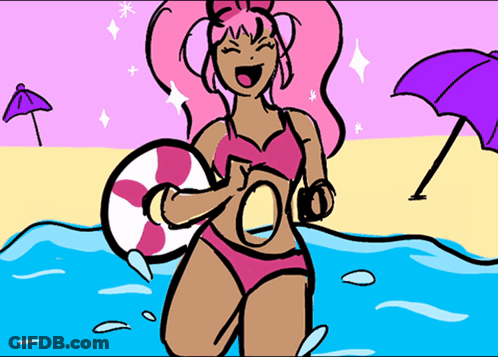 A Cartoon Drawing Of A Girl In A Bikini Holding A Float GIF