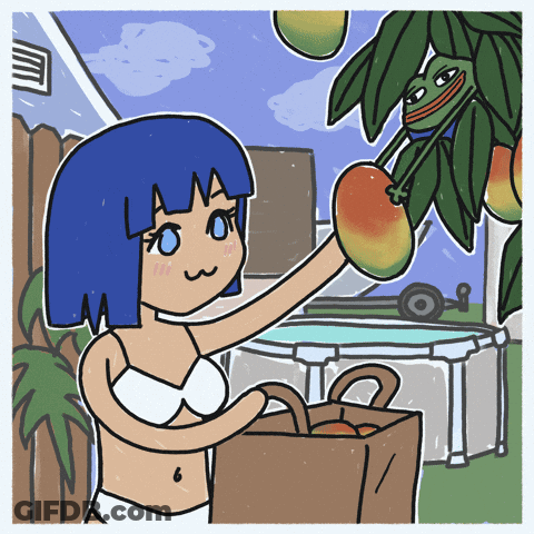 A Cartoon Drawing Of A Girl In A Bikini Picking Mangoes GIF
