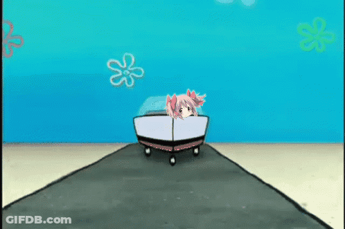 A Cartoon Drawing Of A Girl In A Car With Spongebob And Patrick In The Background GIF