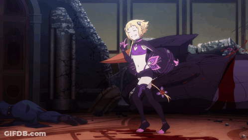 A Cartoon Drawing Of A Girl In A Purple And Black Outfit GIF