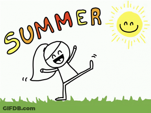A Cartoon Drawing Of A Girl Jumping In The Air With The Words Summer Written Above Her GIF