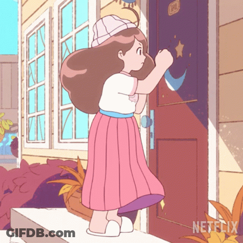 A Cartoon Drawing Of A Girl Knocking On A Door With Netflix Written On The Bottom GIF