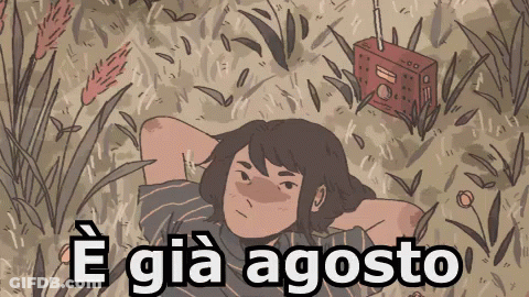 A Cartoon Drawing Of A Girl Laying In The Grass With The Words E Gia Agosto Written Below Her GIF