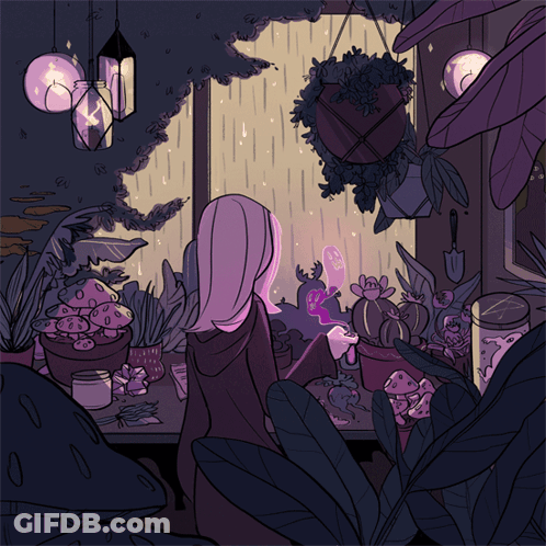 A Cartoon Drawing Of A Girl Looking Out A Window With Plants In Pots GIF