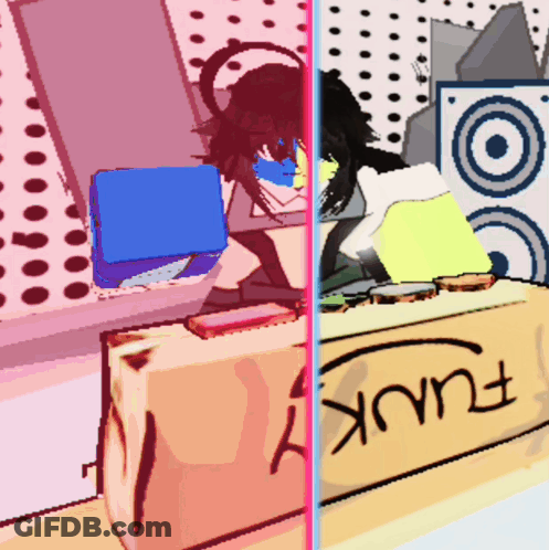 A Cartoon Drawing Of A Girl Sitting At A Desk With A Box That Says Fuck On It GIF