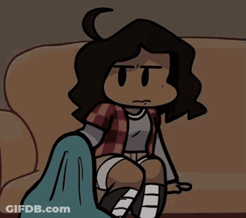 A Cartoon Drawing Of A Girl Sitting On A Couch With The Word No In The Corner GIF