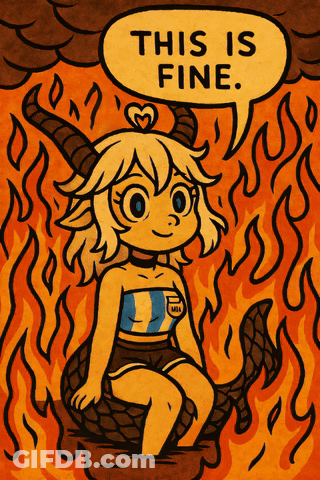 A Cartoon Drawing Of A Girl Sitting On A Dragon With A Speech Bubble Saying This Is Fine GIF